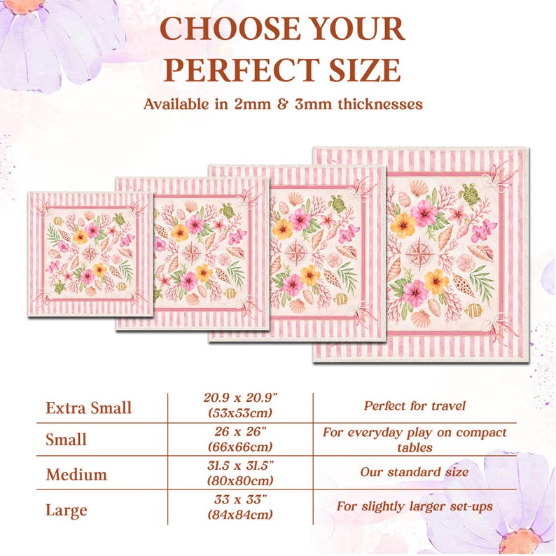 May include: Pink and white striped mats in four sizes, featuring floral and seashell designs. Sizes range from 20.9 x 20.9 inches to 33 x 33 inches, with thicknesses of 2mm and 3mm. Text reads "CHOOSE YOUR PERFECT SIZE".