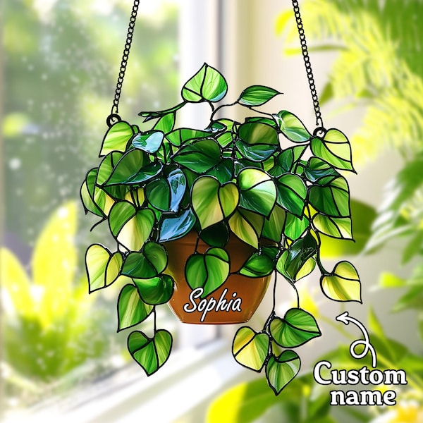 Acrylic Pothos Plant Suncatcher – Faux Stained Glass Garden Decor