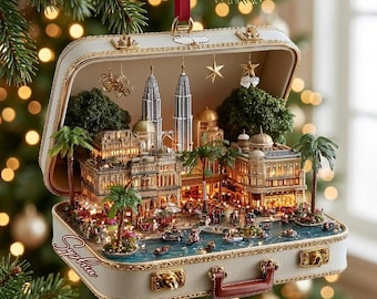 マレーシア ペトロナスツインタワー 旅行用スーツケース クリスマスオーナメント ユニークな都市景観 ホリデーデコレーション 旅行者へのギフト 冒険心