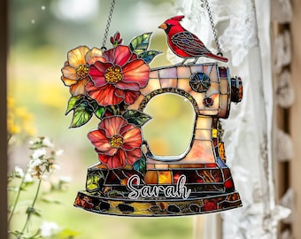 Personalized Cardinal Sewing Machine Suncatcher, Faux Stained Glass Acrylic Window Hanging