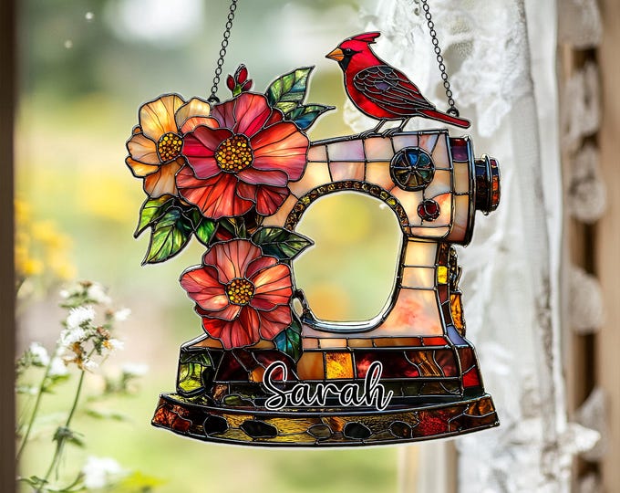 Personalized Cardinal Sewing Machine Suncatcher, Faux Stained Glass Acrylic Window Hanging