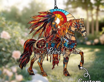 Native American Horse Rider Suncatcher – Faux Stained Glass Acrylic Window Art