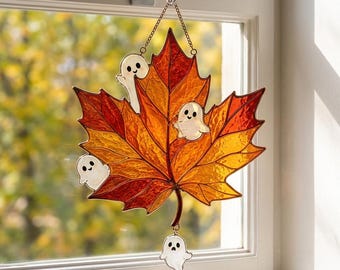 Halloween esdoornblad raamhanger | Imitatie spook raamhanger van gebrandschilderd glas | Herfstdecoratie cadeau | Spookachtig woonaccessoire