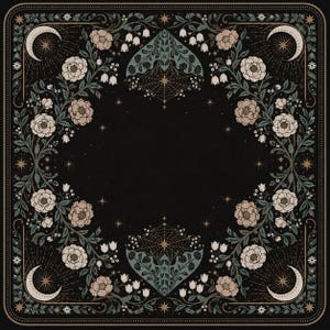 Può includere: Un tessuto quadrato con sfondo nero e un bordo decorativo di fiori color crema, fogliame verde e mughetti bianchi. Il design include quattro lune crescenti negli angoli e due ragnatele nella parte superiore e inferiore.