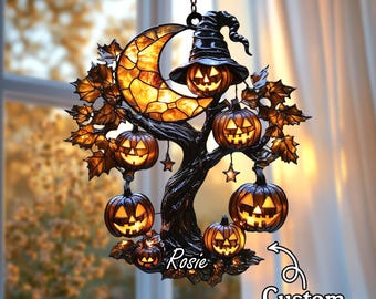 Personalized Halloween Pumpkin Tree Window Hanging, Custom Name Halloween Decor