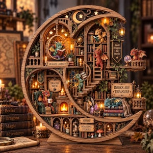 May include: A crescent moon-shaped wooden diorama featuring multiple levels of a dragon library. It includes miniature dragons, bookshelves, a fireplace, hanging lanterns, and signs reading Dragon Library, Dragon Brew, Books Are Treasure, and Shhh! Hoarding Stories.