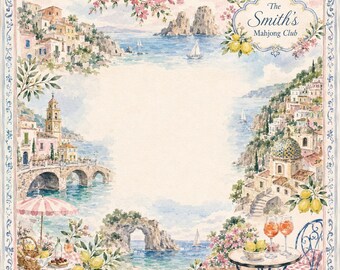 Personalized Mahjong Tile Bag, Italian Coastal Watercolor Design, Travel Game Storage
