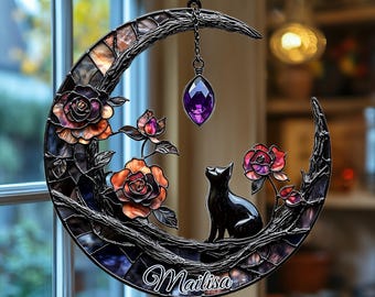 Black Cat Moon Suncatcher – Faux Stained Glass, Gothic Window Hanging