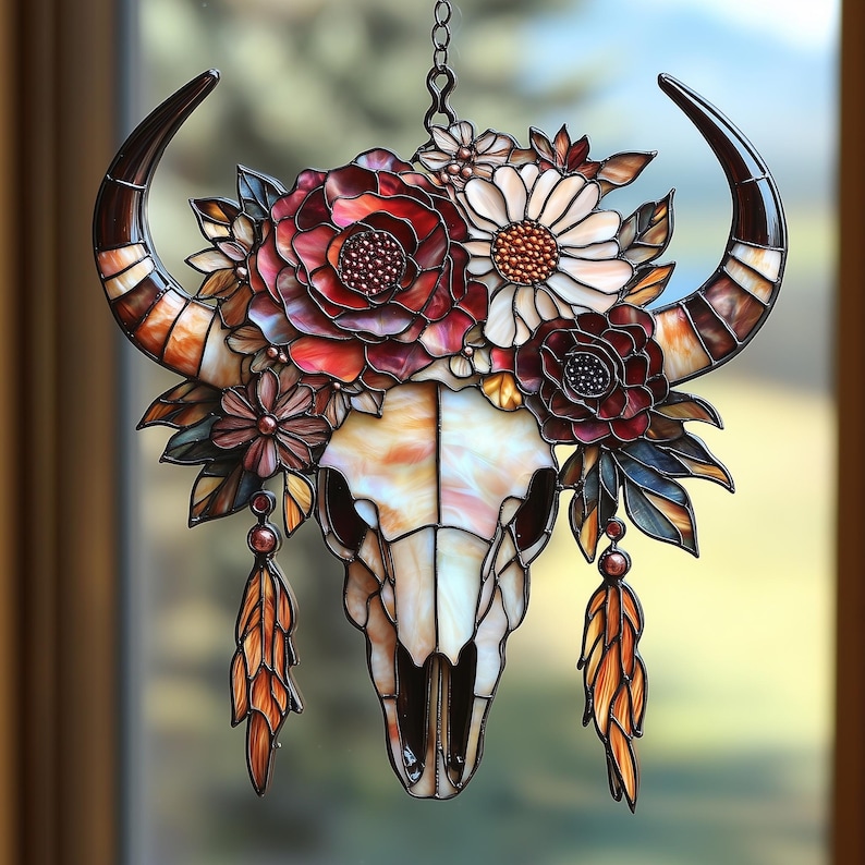 May include: A stained glass bull skull with large curved horns and a floral crown. The skull is cream and brown, with red, white, and brown flowers. Two orange and brown feather pendants hang below the skull. The horns are brown and tan.