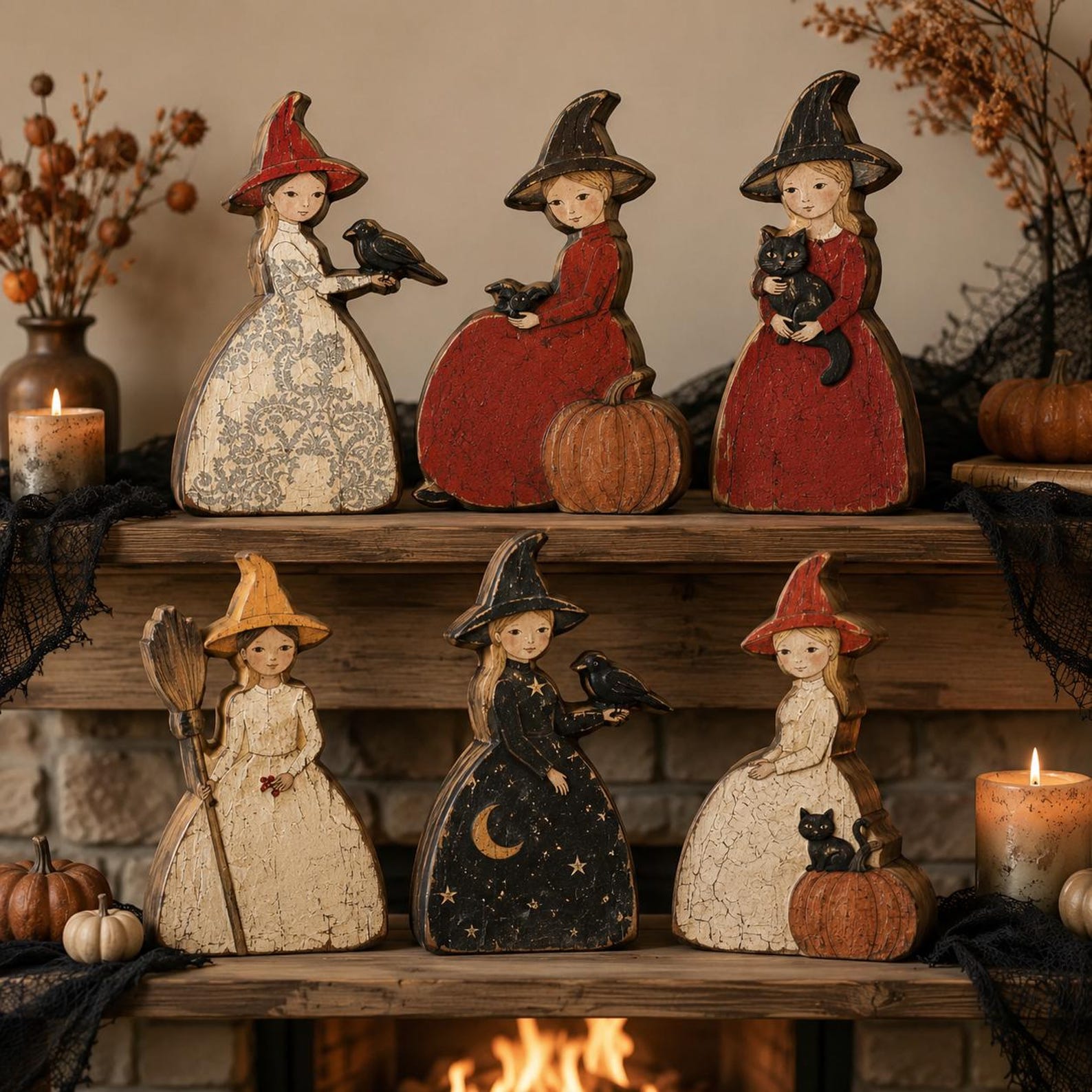 Charming Halloween Witch Wooden Block Set