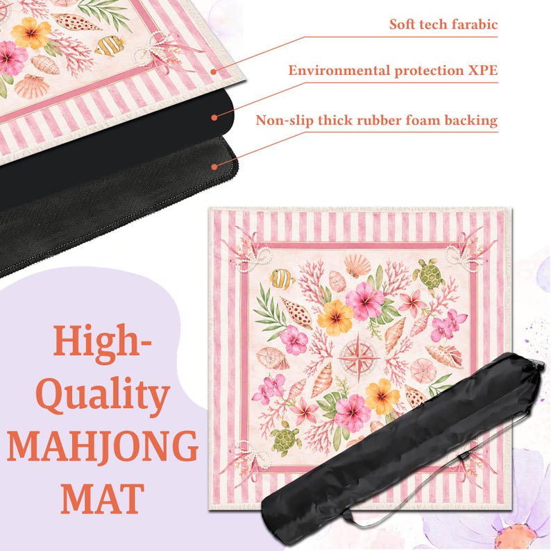 May include: A high-quality Mahjong mat with a coastal theme. The mat features a pink and white striped border and a central design of seashells, flowers, and a compass rose. It has a non-slip rubber foam backing and comes with a black carrying case.