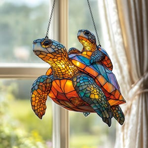 Tortoise Mom Faux Stained Glass Window Hanging, Turtle Acrylic Suncatcher, Perfect Gift for Turtle and Beach Lovers, Turtle Home Decor