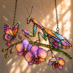 Praying Mantis Butterfly Orchid Suncatcher, Faux Stained Glass Window Hanging, Nature Art Decor