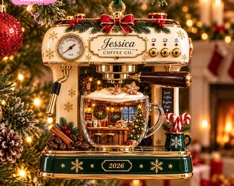 Gepersonaliseerd 3D-reliëf koffiemachine kerstornament 2026, met eigen naam, barista kerstcadeau