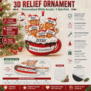 May include: A 3D relief Christmas ornament made of 3mm white acrylic featuring a red mug filled with gingerbread figures wearing Santa hats. The mug displays the text Merry Christmas and 2026, with custom names Dad, Mom, Allen, Sophia, and Coco.