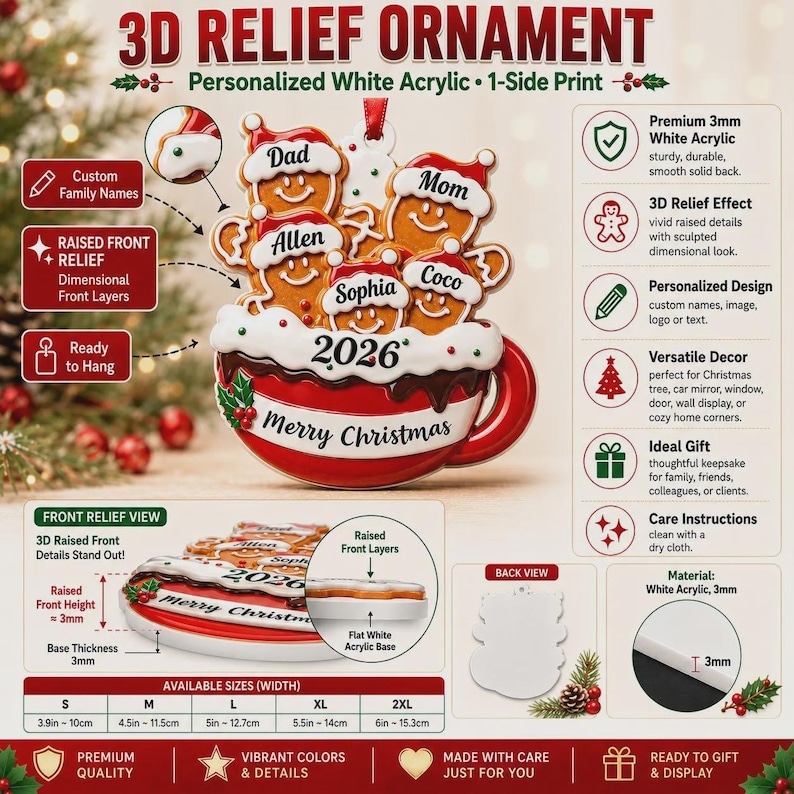 May include: A 3D relief Christmas ornament made of 3mm white acrylic featuring a red mug filled with gingerbread figures wearing Santa hats. The mug displays the text Merry Christmas and 2026, with custom names Dad, Mom, Allen, Sophia, and Coco.