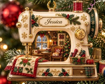 Gepersonaliseerd 3D-reliëf kerstornament in de vorm van een naaimachine voor 2026, cadeau met eigen naam voor quilters