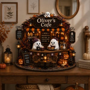 May include: A miniature Halloween-themed cafe display titled Oliver's Cafe, featuring two ghost figures, one wearing a purple beanie and one with a bow, serving coffee and treats. The structure is decorated with autumn leaves, pumpkins, and lanterns.