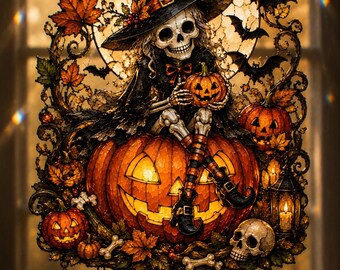 Atrapasueños de esqueleto de bruja espeluznante para ventana, arte colgante de Halloween, decoración de calabaza de Jack O' Lantern de imitación de vidriera para otoño