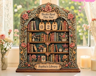 Houten boeken 'Lees dit jaar'-tracker, shabby-chic boekenplankdecor, leeslogboek met vintage bloemen