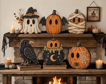 Rustieke houten Halloween-decoratie voor op een plank | Spookachtige decoratie met etagère in boerderijstijl | Speelse herfstdecoratie voor op de schoorsteenmantel