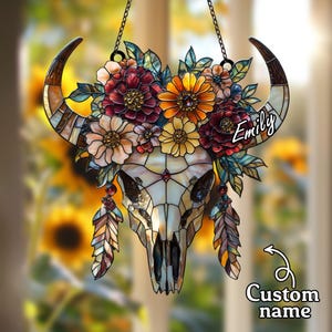 Floral Longhorn Skull Suncatcher - Boho Western Decor, Acrylic Window Hanging image 1