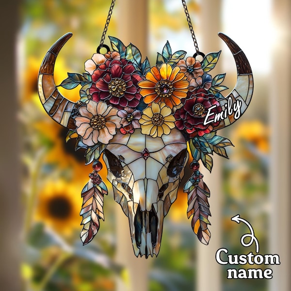 Atrapasueños floral con calavera de cuernos largos - Decoración bohemia occidental, colgante de ventana de acrílico