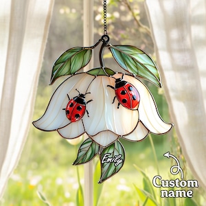 Ladybug on Flower Acrylic Suncatcher, Faux Stained Glass Ornament