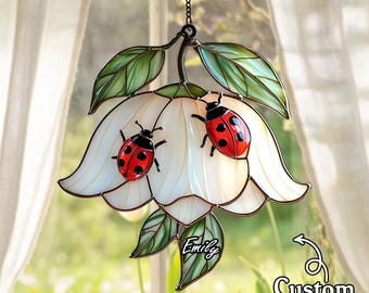 Ladybug on Flower Acrylic Suncatcher, Faux Stained Glass Ornament