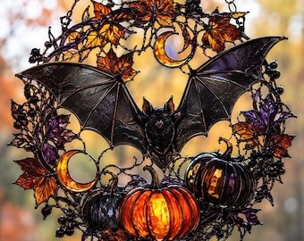 Atrapasueños gótico de Halloween, decoración para ventana con murciélagos y calabazas, hojas y bayas de otoño, regalo único para la temporada de Halloween.