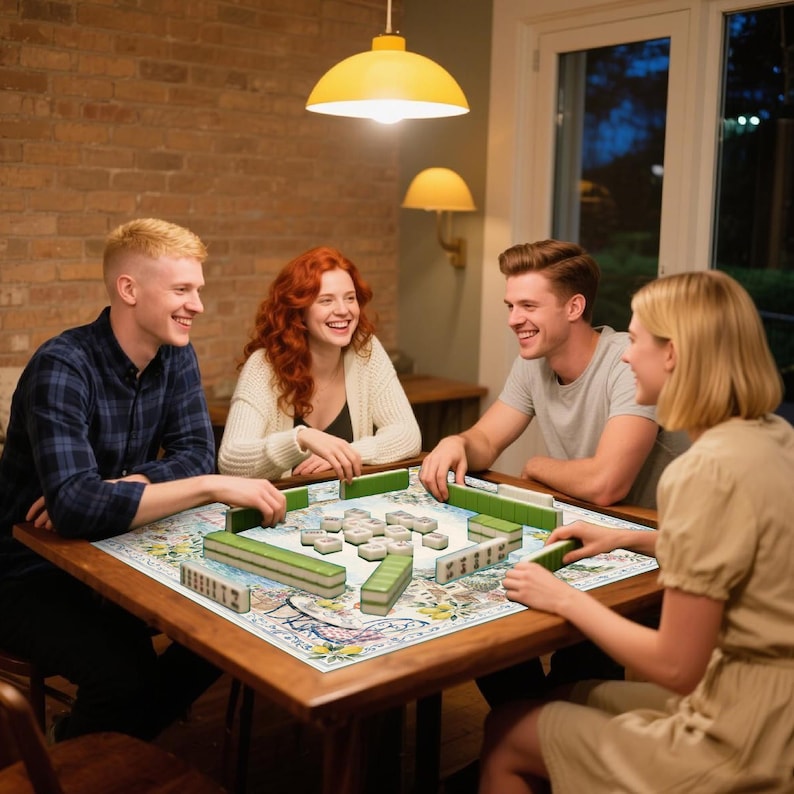 May include: Four people are gathered around a wooden table playing a game of Mahjong. The game board features a floral design with green and white tiles. The players are smiling and appear to be enjoying themselves in a well-lit room.