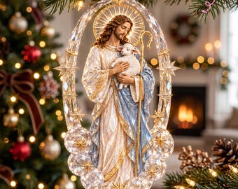 Gepersonaliseerd Jezus met lammetje, acryl ornament met kristaleffect, Goede Herder, christelijke kerstboomversiering 2026