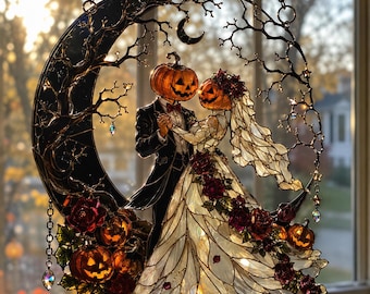Halloween pompoenpaar raamdecoratie | Imitatie glas-in-lood bruiloftsdecoratie