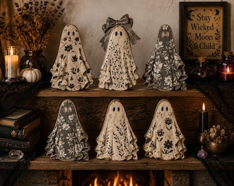 Houten spookdecoratie met bloemenmotief, griezelige Halloween-decoratie in landelijke stijl met bloemen, rustieke decoratie voor op de schoorsteenmantel of plank, uniek en griezelig cadeau