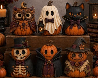 Charmante Halloween-pompoenen met figuren, unieke feestelijke herfsttafeldecoratie, handgeschilderde harsdecoratie in de vorm van een uil, spook, kat, skelet of vampier.