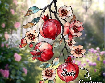 Pomegranate Branch Acrylic Suncatcher – Faux Stained Glass Window Decor