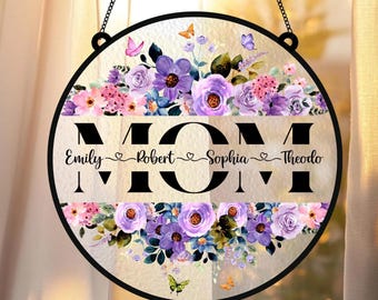 Personalized Mom Garden Suncatcher, Custom Birth Flower Acrylic Window Hanging Mother's Day