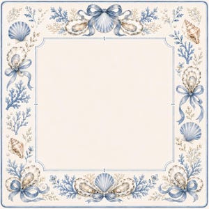 Puede incluir: Un marco decorativo cuadrado con un centro de color crema bordeado por una ilustraci&oacute;n detallada de cintas azules, conchas, ostras, perlas y ramas de coral. El dise&ntilde;o es sim&eacute;trico, con acentos azules y elementos n&aacute;uticos.
