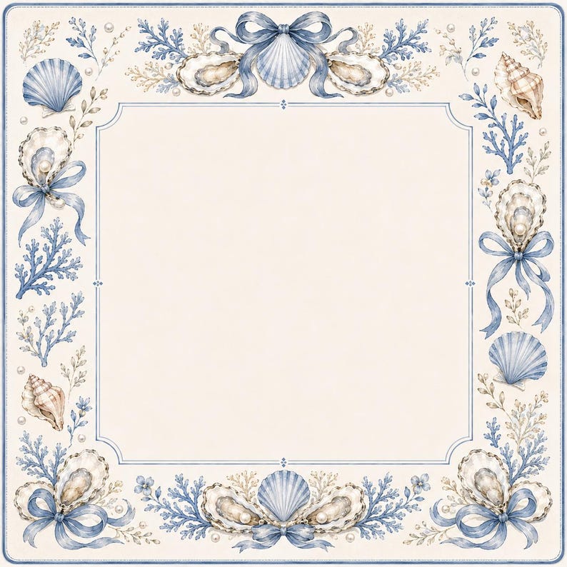 Puede incluir: Un marco decorativo cuadrado con un centro de color crema bordeado por una ilustraci&oacute;n detallada de cintas azules, conchas, ostras, perlas y ramas de coral. El dise&ntilde;o es sim&eacute;trico, con acentos azules y elementos n&aacute;uticos.