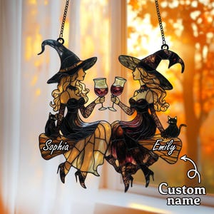 Wine-Loving Witch Friends Acrylic Suncatcher – Faux Stained Glass Halloween Window Hanging With Black Cats, Broom Bench Cozy Autumn Decor