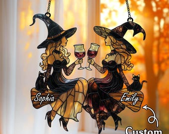 Vitral personalizado com bruxas irmãs para pendurar na janela, decoração personalizada de Halloween, silhueta de bruxa e gato.