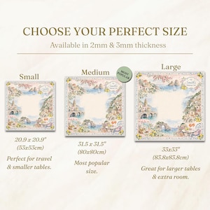 May include: The image displays three square placemats with a coastal Italian village design. Sizes are small (20.9 x 20.9 inches), medium (31.5 x 31.5 inches), and large (33 x 33 inches). The text reads "Choose Your Perfect Size".