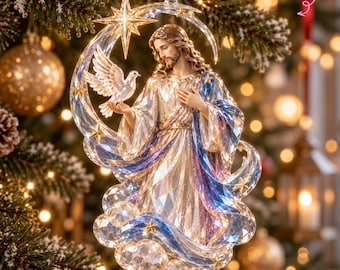 Gepersonaliseerd Jezus met duifje, acryl ornament met kristaleffect, christelijk aandenken voor de kerstboom met vredessymbool en verlosser 2026