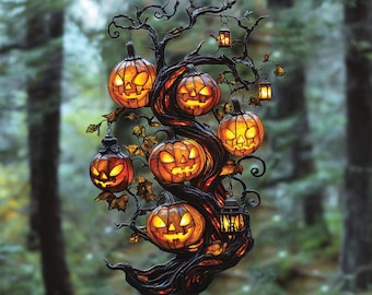 Pumpkin Tree Acrylic Suncatcher – Faux Stained Glass Halloween Window Hanging