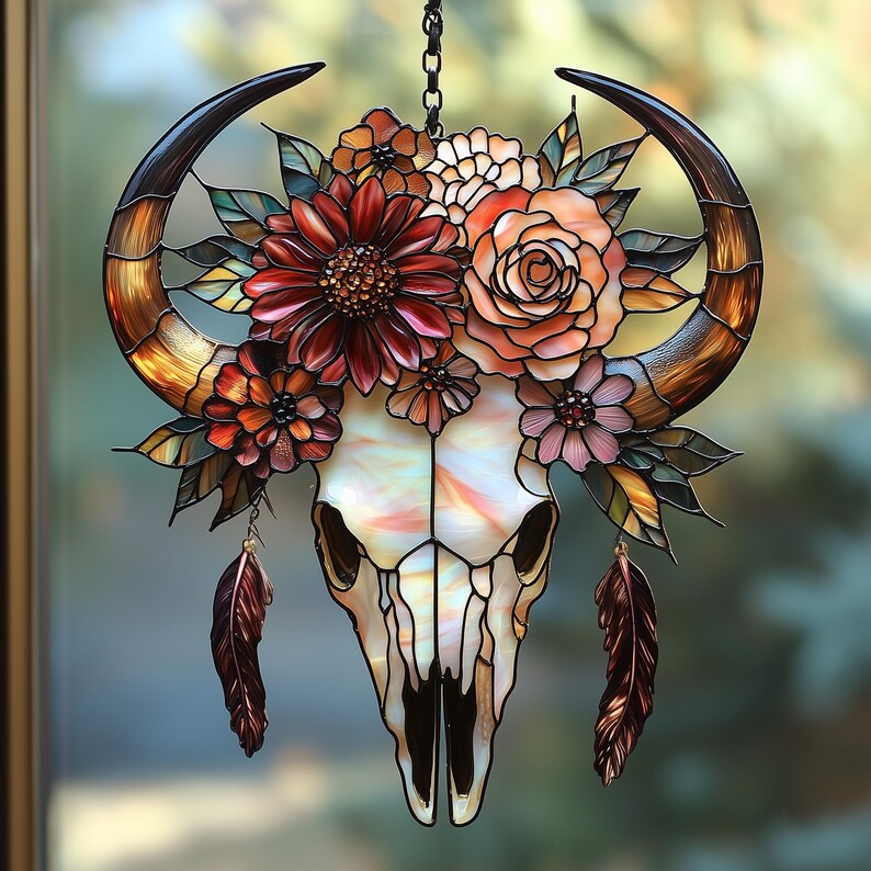 May include: Stained glass bull skull with flowers and feathers. The skull is white and cream with black outlines. The horns are brown and gold. The flowers are red, orange, and pink. Two brown feathers hang below.