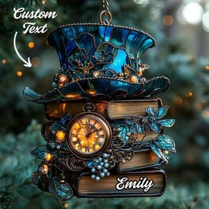Steampunk Christmas Ornament, Top Hat Book Clock Adornment, Unique Holiday Decor