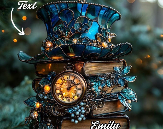 Steampunk Christmas Ornament, Top Hat Book Clock Adornment, Unique Holiday Decor
