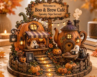 Personalized Halloween Coffee Shop Wooden Block, Custom Boo & Brew Café Decor, Spooky Ghost Pumpkin Shelf Display Gift