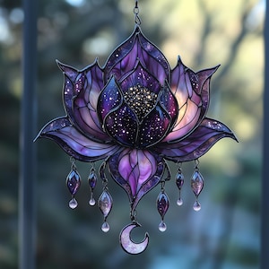 Galaxy Lotus Acrylic Suncatcher – Celestial Faux Stained Glass Window Hanging With Droplet Charms, Boho Meditation Decor Gift
