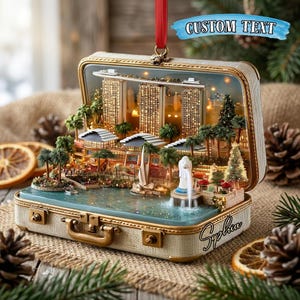Peut inclure: Un ornement en forme de valise décorative contenant un diorama miniature de la ligne d'horizon de Singapour, incluant le Marina Bay Sands et la statue du Merlion. L'extérieur crème à bordure dorée porte le nom Sophia et une bannière personnalisée.